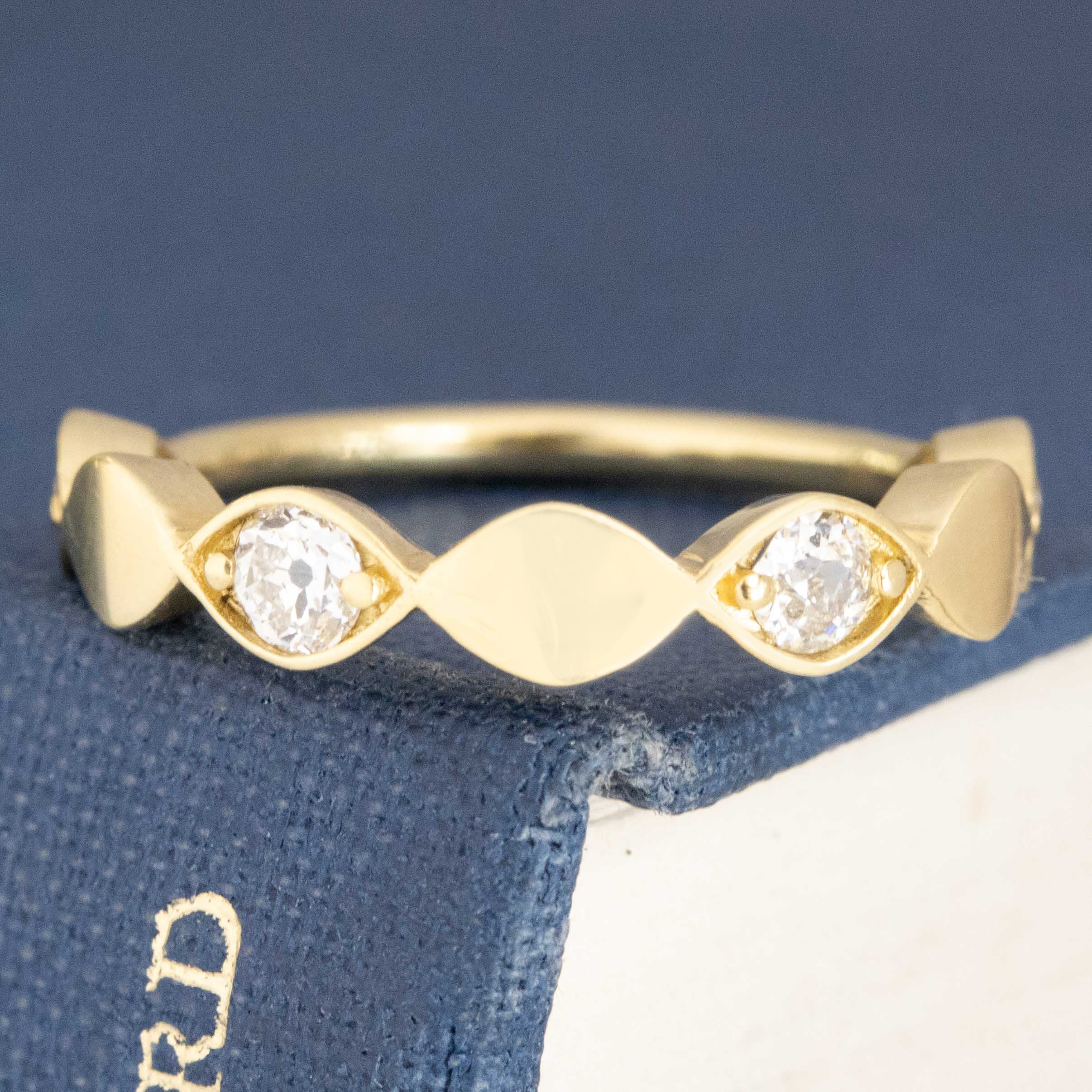 .40ctw Old European Cut Diamond Navette Band with Old European Cut Diamonds in yellow gold, antique-inspired one-of-a-kind wedding band.