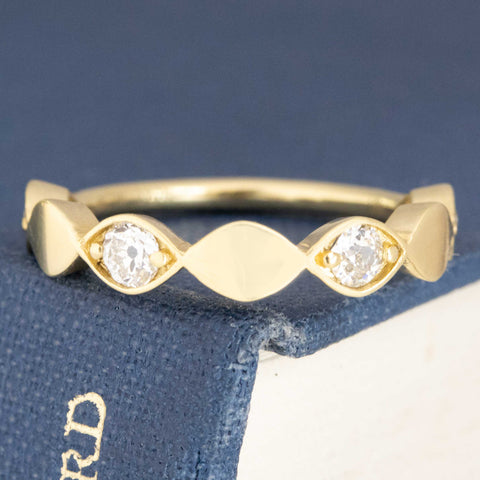 .40ctw Old European Cut Diamond Navette Band with Old European Cut Diamonds in yellow gold, antique-inspired one-of-a-kind wedding band.