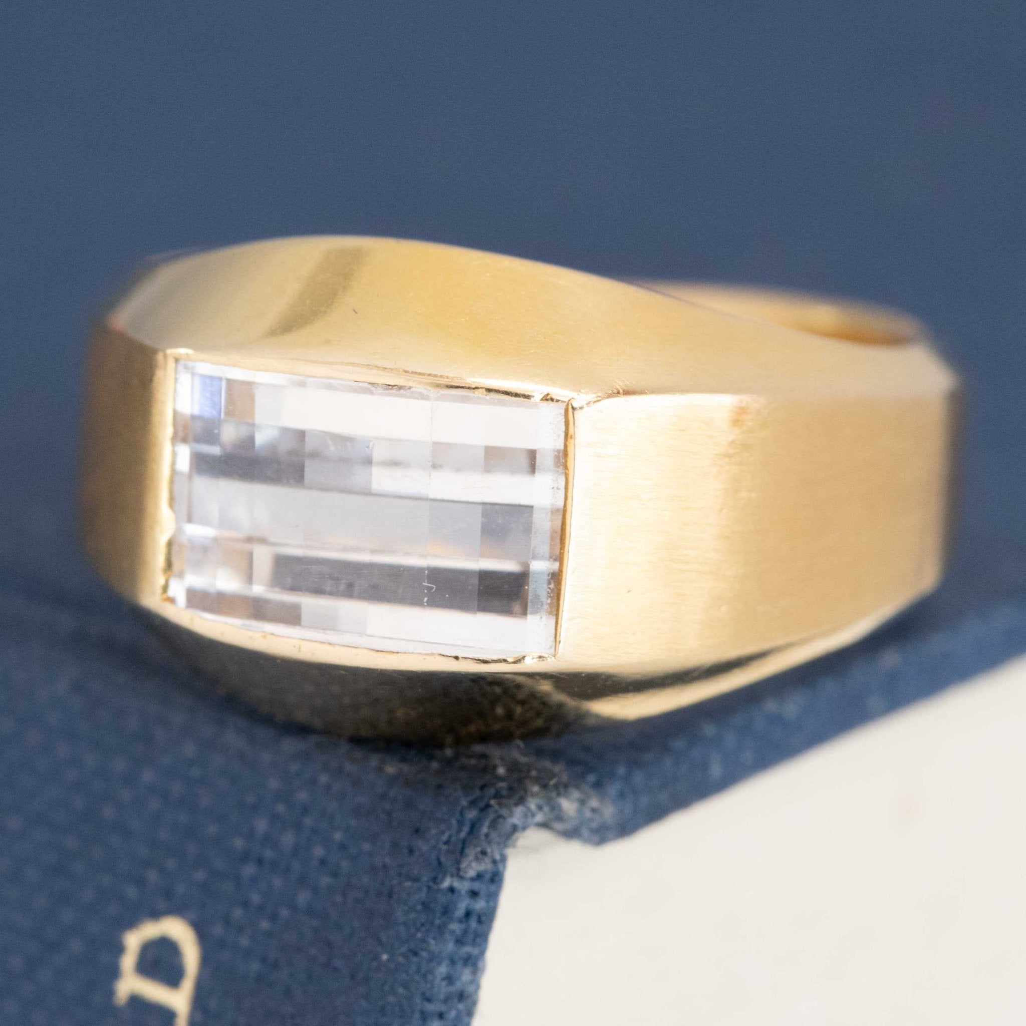 Checkerboard-cut white quartz ring modern gold beze