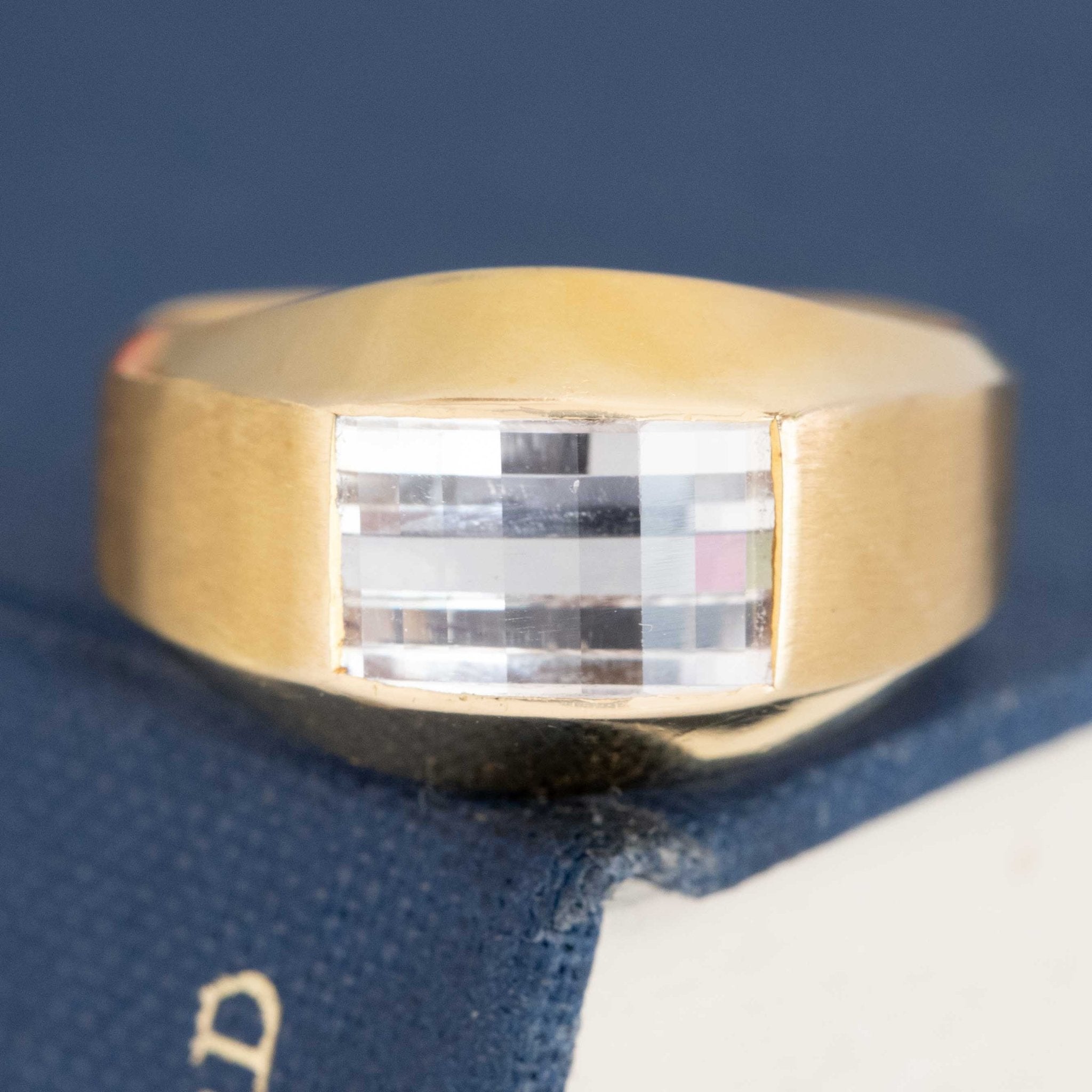 East-West white quartz bezel ring in yellow gold