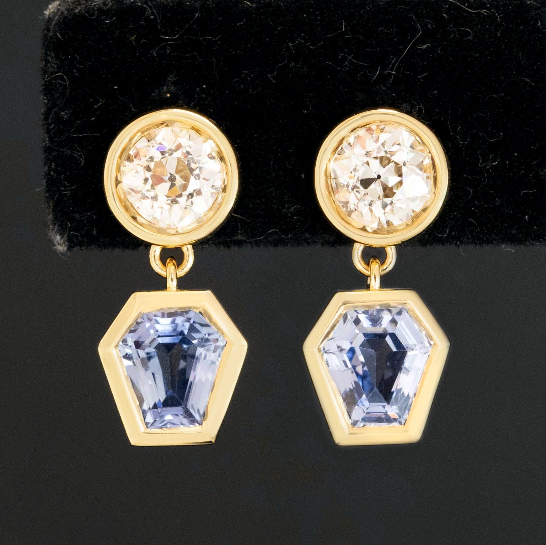 4.10ctw Old European Cut Diamond & Sapphire Bezel Drop Earrings