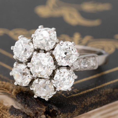 4.19ctw Antique Old Mine Cut Diamond Cluster Ring, French