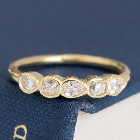 .41ctw Petite Mixed Cut Diamond Bezel Band with Old Mine Cut Diamonds in yellow gold, antique-inspired one-of-a-kind wedding band.
