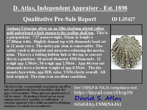 4.33ctw Victorian Old Cut Diamond Scallop Shell Brooch/Pendant