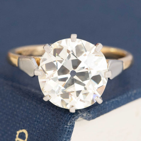 4.37ct Antique Old Mine Cut Diamond solitaire ring in 18kt yellow gold and platinum, GIA M SI1.