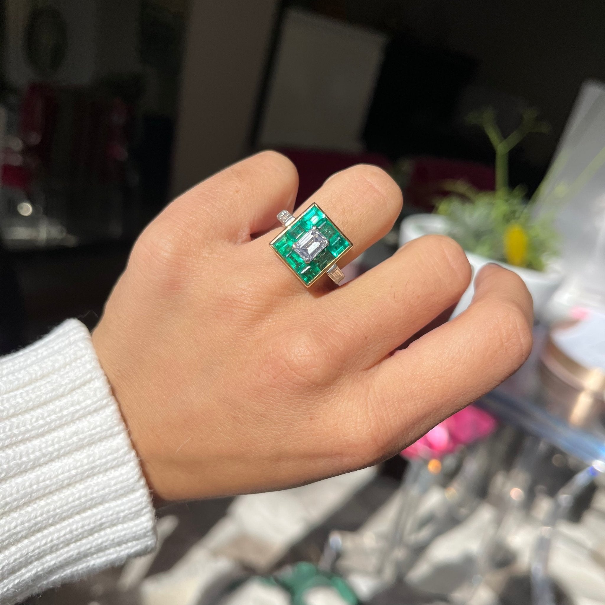 4.38ctw Vintage Emerald Diamond & Emerald Target Ring