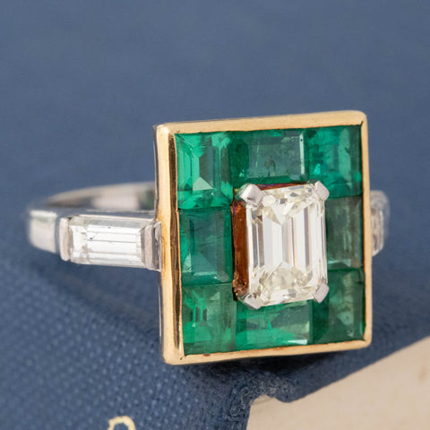 4.38ctw Vintage Emerald Diamond & Emerald Target Ring
