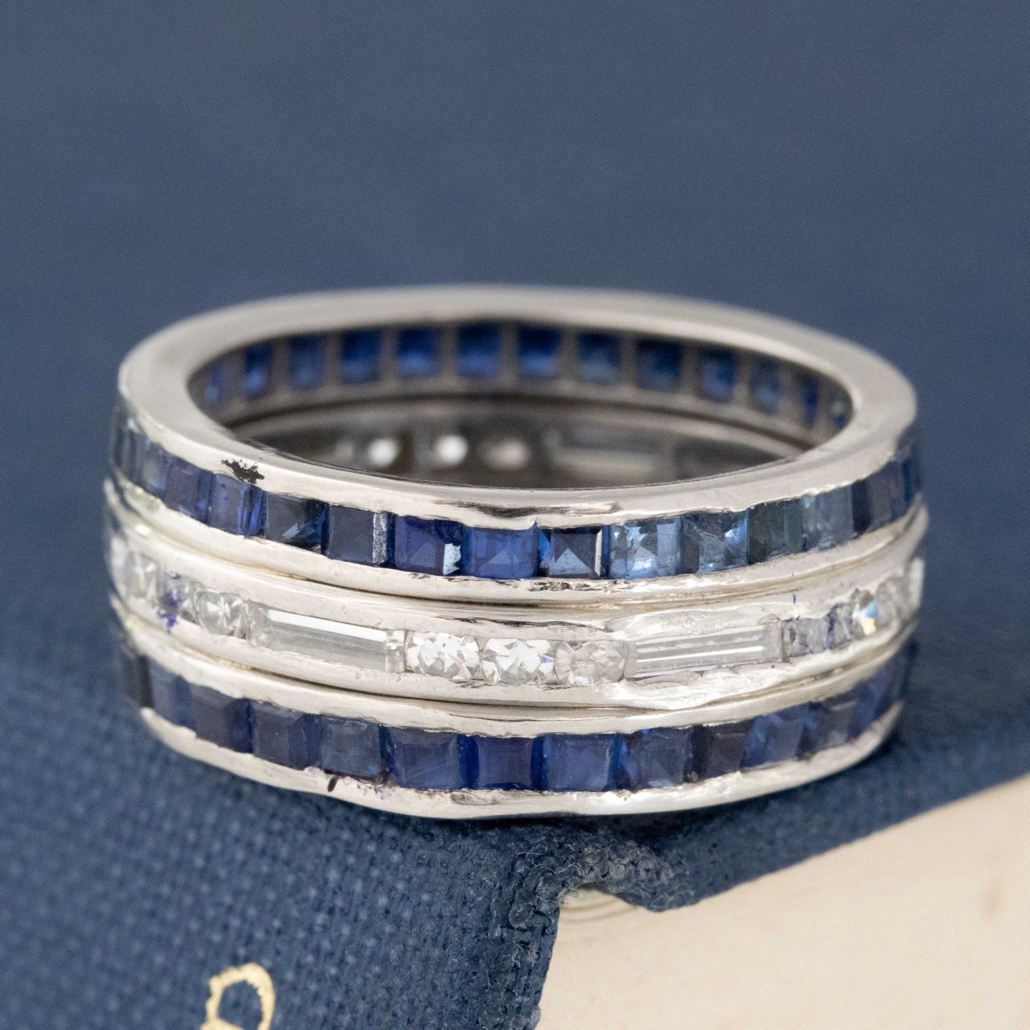 4.47ctw Vintage Diamond & Sapphire Triple Row Band