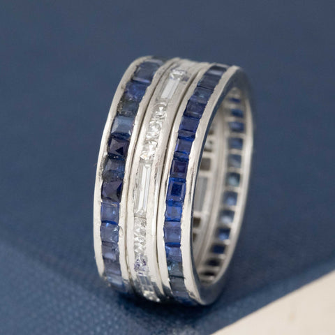 4.47ctw Vintage Diamond & Sapphire Triple Row Band