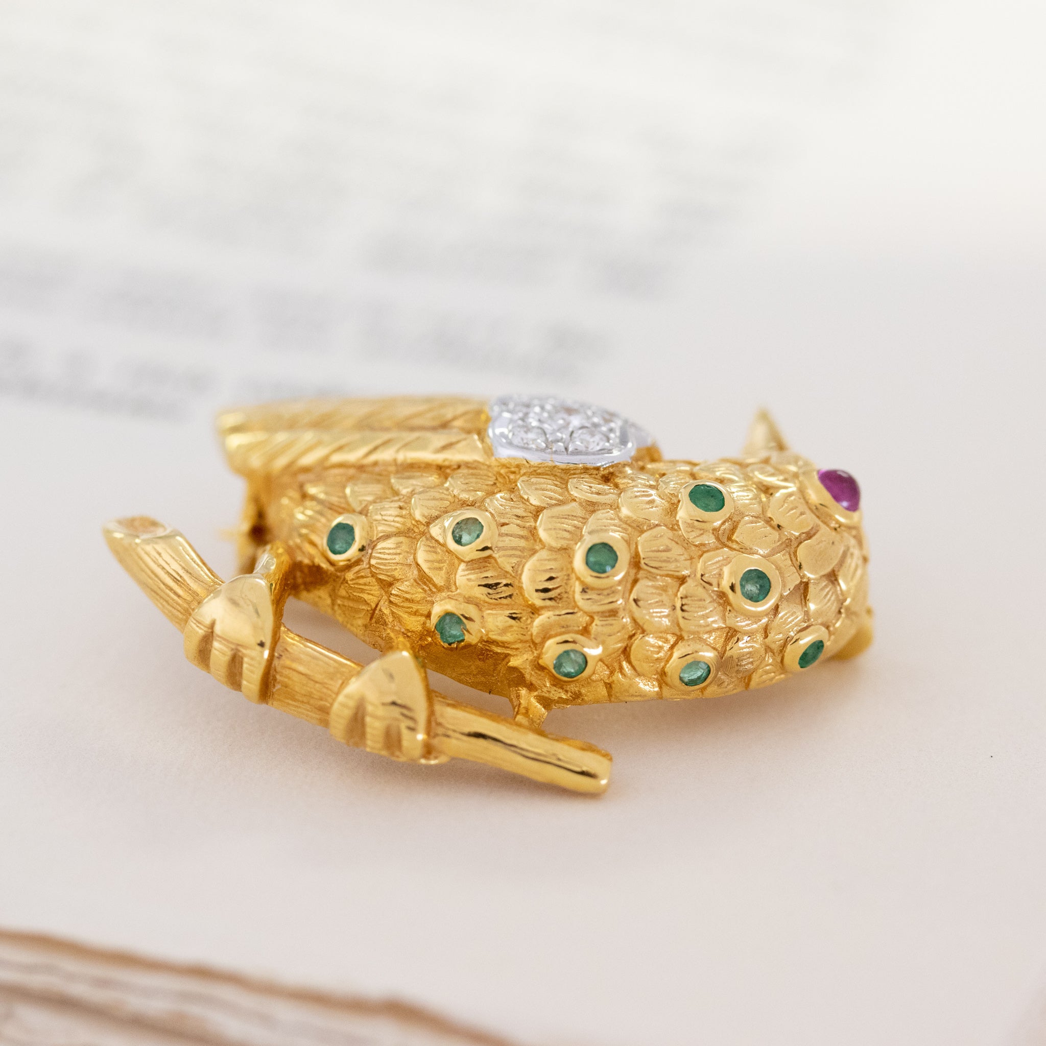 .44ctw Diamond Emerald & Ruby Bird Brooch