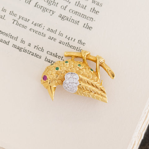 .44ctw Diamond Emerald & Ruby Bird Brooch