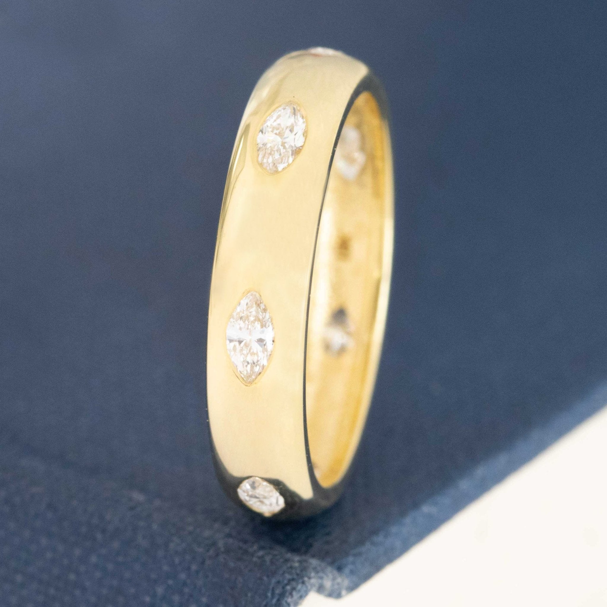 .44ctw Vintage Marquise Cut Diamond Eternity Band with Antique Diamonds in yellow gold, antique-inspired one-of-a-kind wedding band.