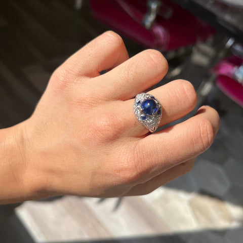 4.59ctw Edwardian Sapphire Cabochon and Diamond Ring