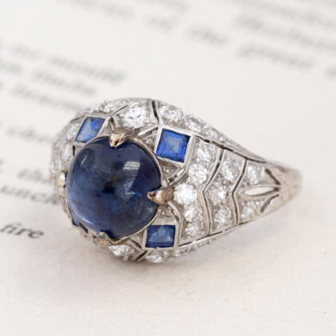 4.59ctw Edwardian Sapphire Cabochon and Diamond Ring