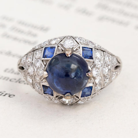 4.59ctw Edwardian Sapphire Cabochon and Diamond Ring