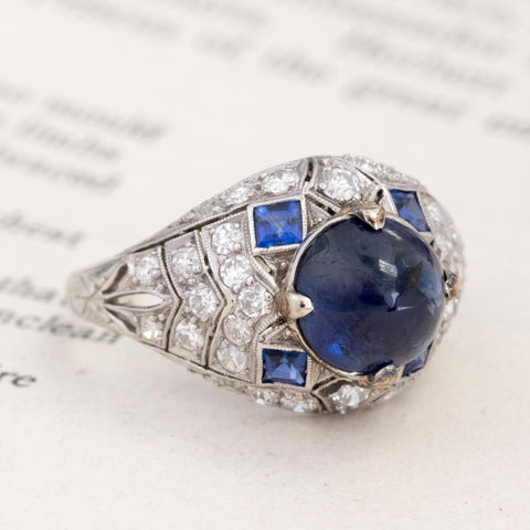 4.59ctw Edwardian Sapphire Cabochon and Diamond Ring