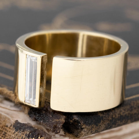 Close-up of .45ct Baguette Cut Diamond Cigar Band, vintage-inspired band with Baguette Cut Diamonds, crafted in yellow gold.