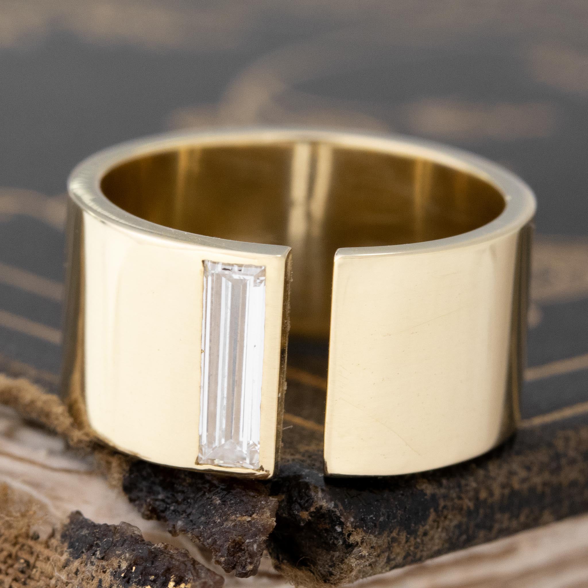 .45ct Baguette Cut Diamond Cigar Band with Baguette Cut Diamonds in yellow gold, antique-inspired one-of-a-kind wedding band.