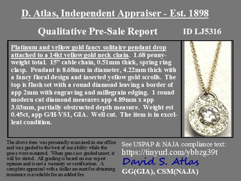 .45ct Vintage Round Brilliant Cut Diamond Engraved Pendant
