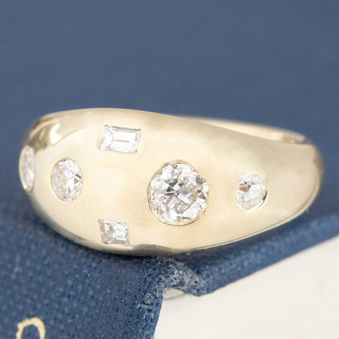 .45ctw Mixed Cut Diamond Bombe Ring with Antique Diamonds crafted in yellow gold, antique-inspired one-of-a-kind wedding band.