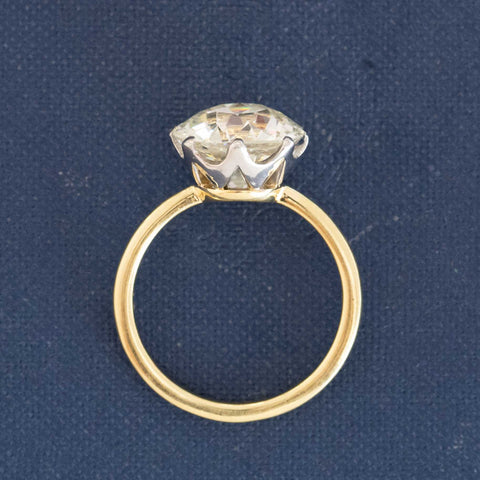 Side view of collector’s Old Mine Cut diamond ring, bright and elegant with open culet.