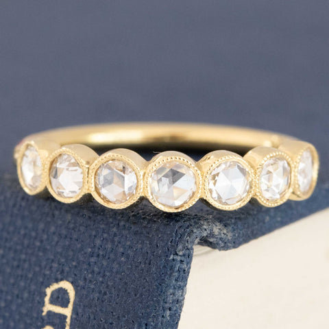 .47ctw Round Rose Cut Diamond Bezel Half-Hoop Band with Antique Diamonds in yellow gold, antique-inspired one-of-a-kind wedding band.