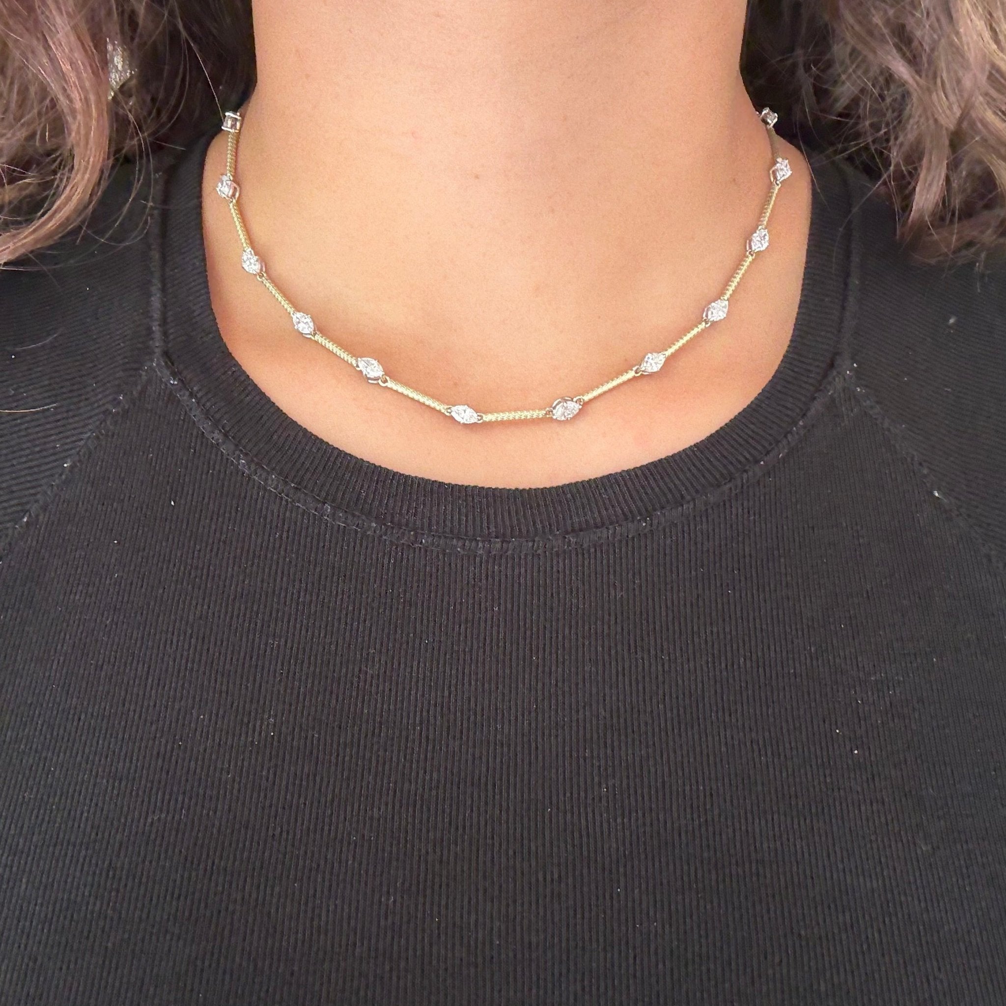 Jewels by Grace marquise cut diamond bar link necklace being worn