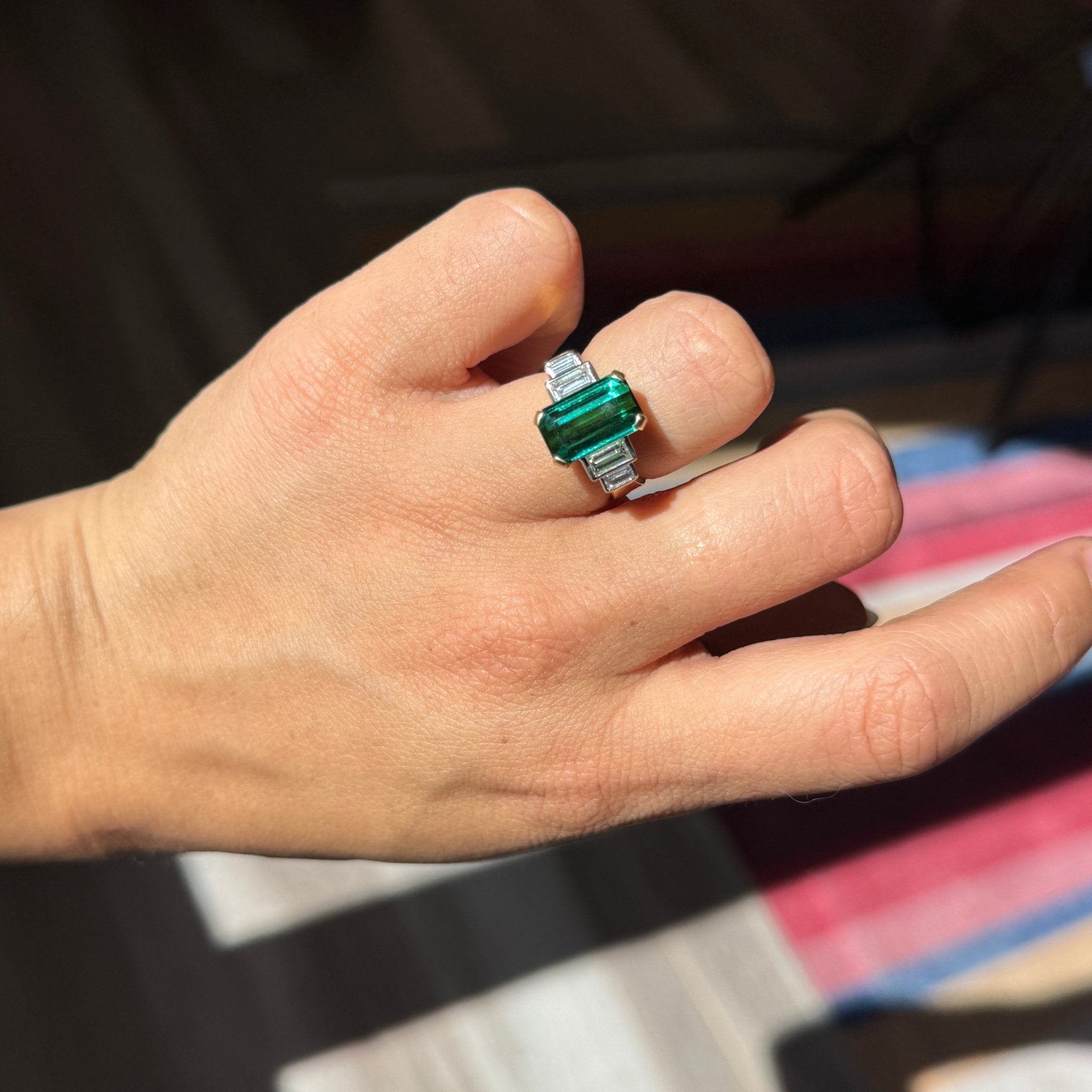 4.92ct Vintage Tourmaline & Baguette Cut Diamond Ring