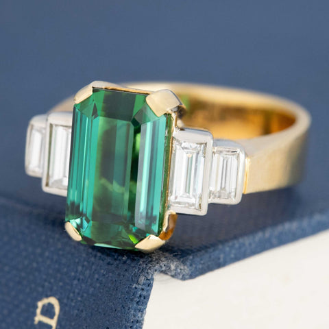 4.92ct Vintage Tourmaline & Baguette Cut Diamond Ring
