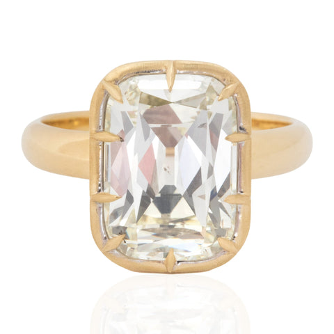 5.02ct GIA elongated cushion cut diamond collet solitaire ring in 18K yellow gold