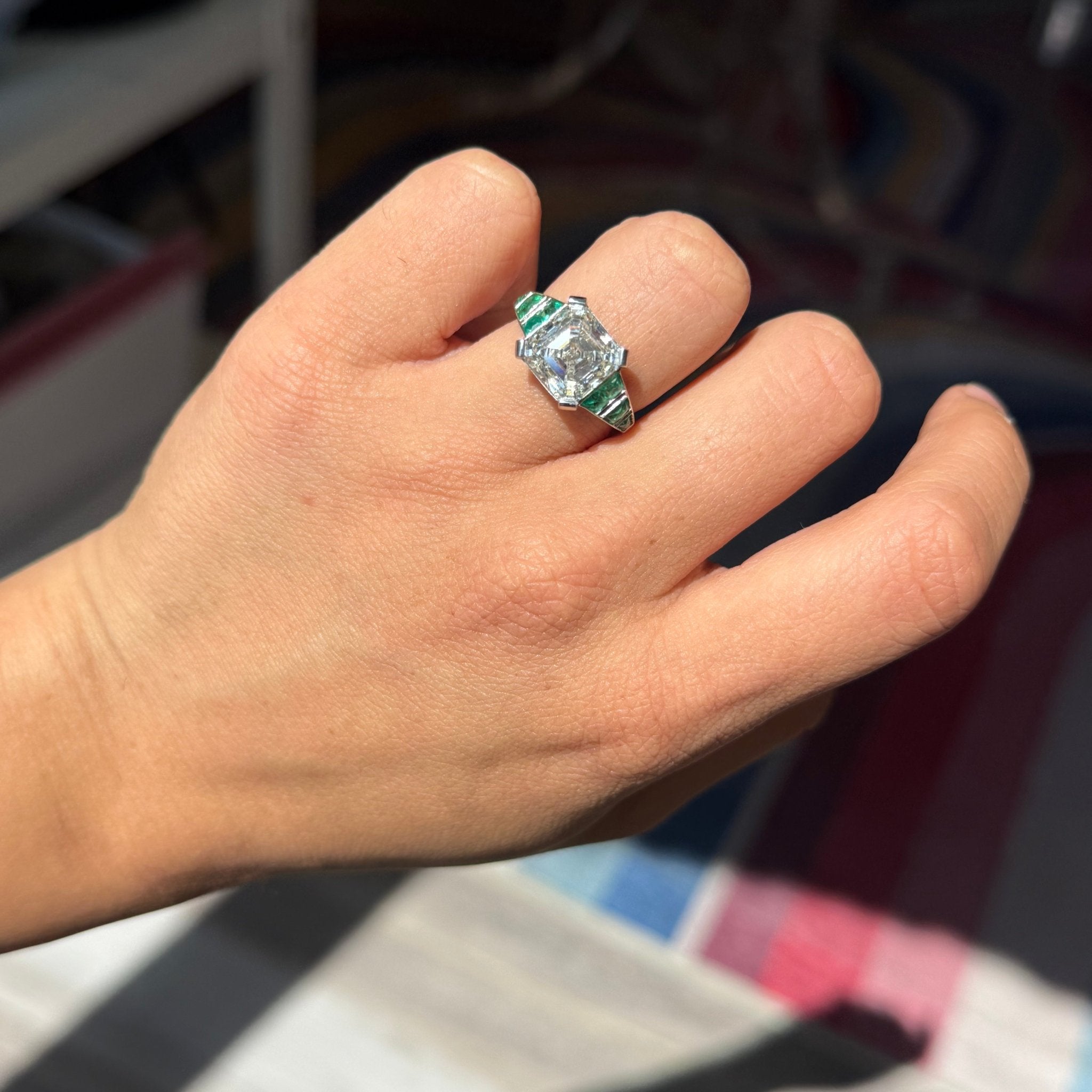 5.01ct Vintage Asscher Cut Diamond & Emerald Ring, GIA