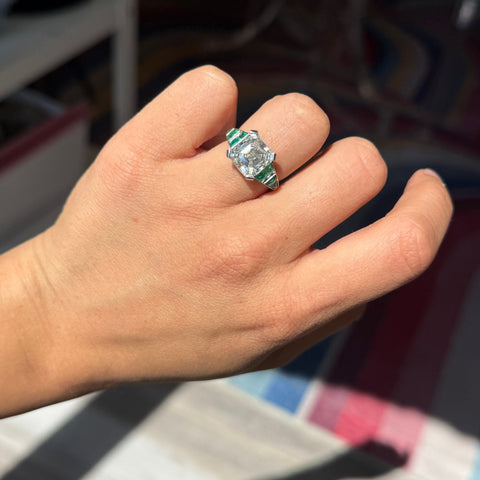 5.01ct Vintage Asscher Cut Diamond & Emerald Ring, GIA