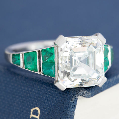5.01ct Vintage Asscher Cut Diamond & Emerald Ring, GIA