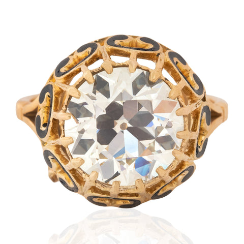 5.06ct Victorian old European cut diamond ring with black enamel in 18kt yellow gold, GIA