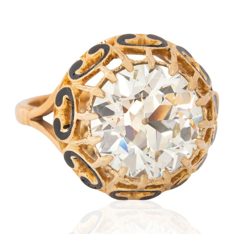 5.06ct Victorian old European cut diamond ring with black enamel in 18kt yellow gold, GIA – alternate view 3