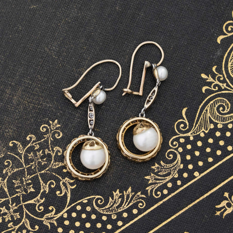 .50ctw Edwardian Diamond & Pearl Drop Earrings