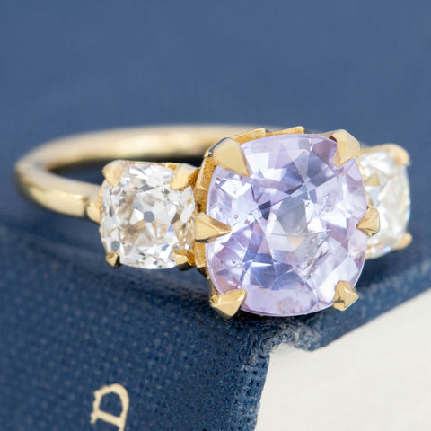 5.19ctw No-Heat Ceylon Lilac Sapphire & Old Mine Cut Diamond Trilogy Ring, GIA