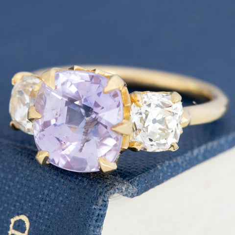 5.19ctw No-Heat Ceylon Lilac Sapphire & Old Mine Cut Diamond Trilogy Ring, GIA