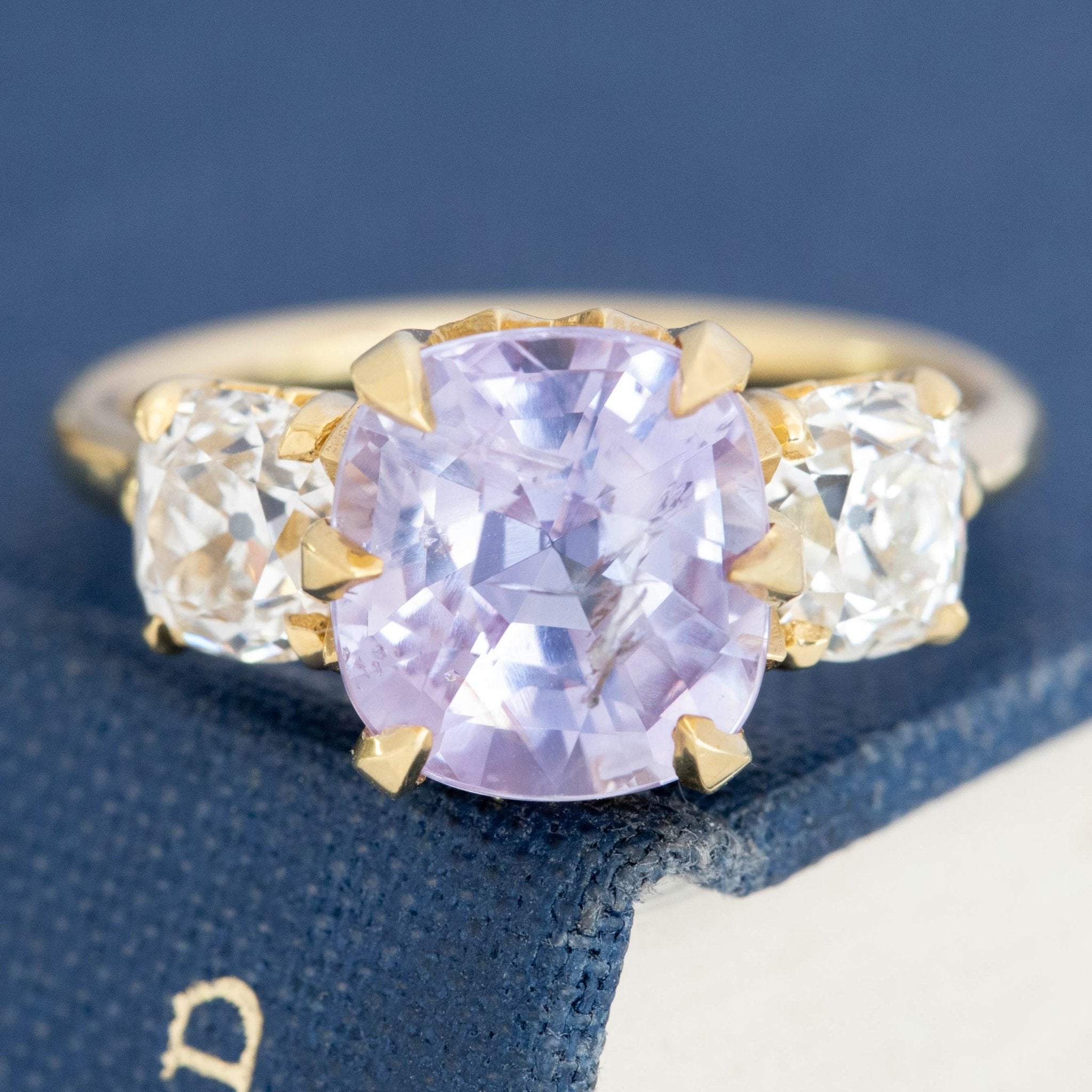 5.19ctw No-Heat Ceylon Lilac Sapphire & Old Mine Cut Diamond Trilogy Ring, GIA
