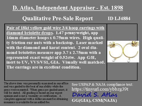 .52ctw Briolette Cut Diamond Hoop Earrings