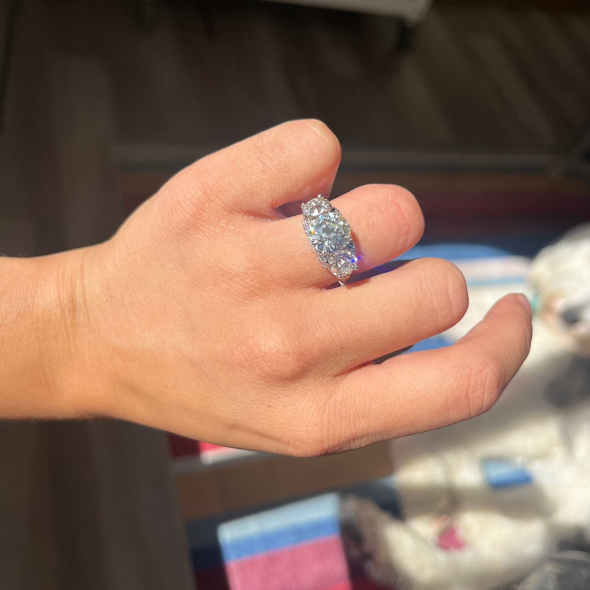 5.34ctw Old European Cut Diamond Trilogy Ring, GIA