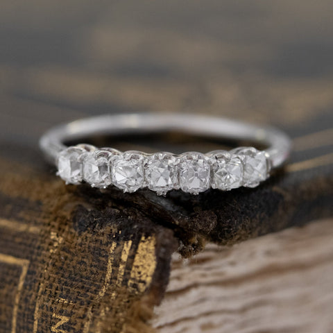 .53ctw Petite Old Mine Cut Diamond Band with Old Mine Cut Diamonds in platinum, antique-inspired one-of-a-kind wedding band.