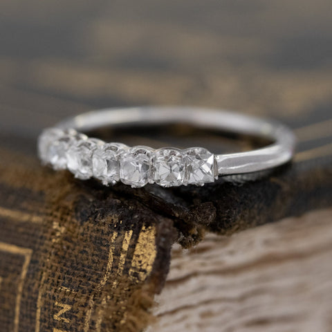 Close-up of .53ctw Petite Old Mine Cut Diamond Band, vintage-inspired band with Old Mine Cut Diamonds, crafted in platinum.