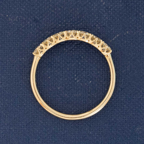 Side view of .54ctw Old European Cut Diamond 7-Stone Band, natural Earth-mined Old European Cut Diamonds in yellow gold.