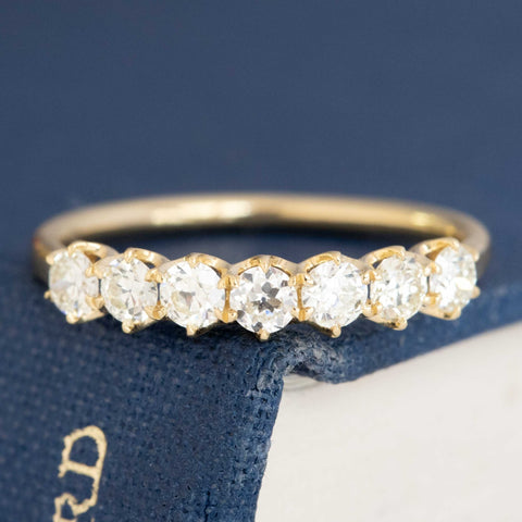 .54ctw Old European Cut Diamond 7-Stone Band with Old European Cut Diamonds in yellow gold, antique-inspired one-of-a-kind wedding band.