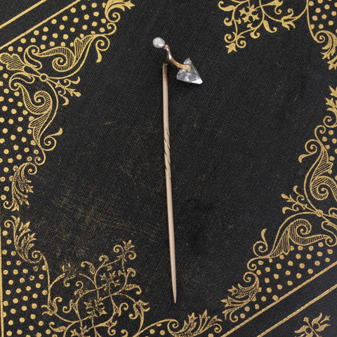 .55ct Antique Trowel Motif Diamond & Pearl Stick Pin