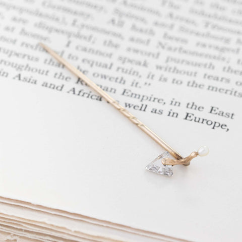 .55ct Antique Trowel Motif Diamond & Pearl Stick Pin