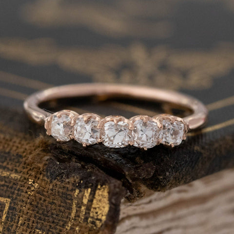 .56ctw Petite Old Mine Cut Diamond 5-Stone Band with Old Mine Cut Diamonds in rose gold, antique-inspired one-of-a-kind wedding band.