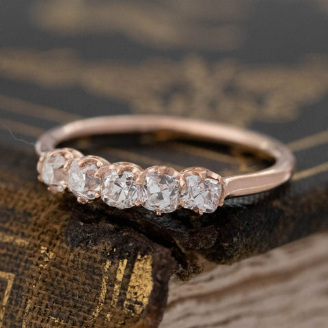 Historic style .56ctw Petite Old Mine Cut Diamond 5-Stone Band wedding band with Old Mine Cut Diamonds, unique heirloom in rose gold.