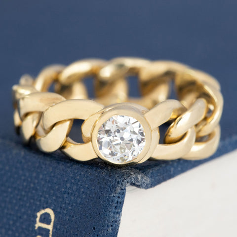 .57ct old European cut diamond bezel set on a flexible curb link chain ring, 18K yellow gold, 6.30mm